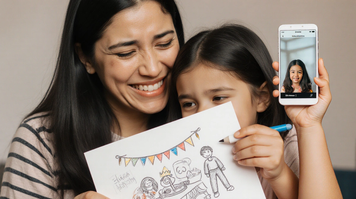 Jennifer Garcia holding her daughter's drawing with tears and a faint smile while a phone shows Eliahna missing