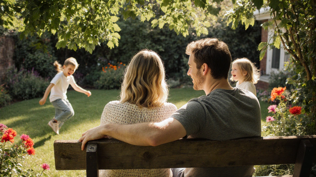 Jennifer Lawrence and Cooke Maroney sitting on bench with children playing nearby and garden greenery surrounding them