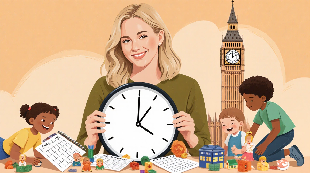 Jennifer Lawrence holding a clock with children playing happily near scattered toys and schedules