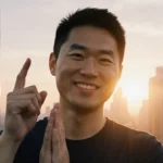 Jensen Huang stands confidently with hands clasped and finger raised against futuristic cityscape glowing at sunset