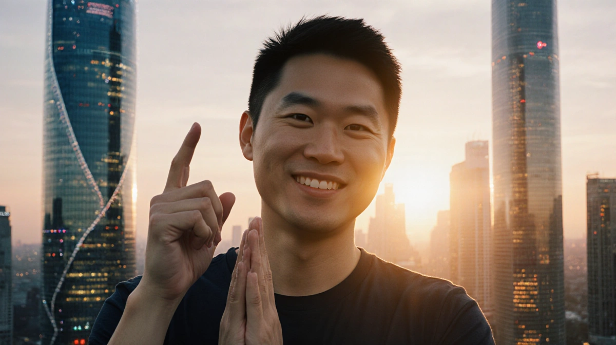 Jensen Huang stands confidently with hands clasped and finger raised against futuristic cityscape glowing at sunset