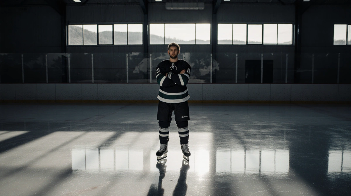 Jesse Kortuem stands in hockey gear with crossed arms and contemplative expression near ice rink with Minnesota landscape vis