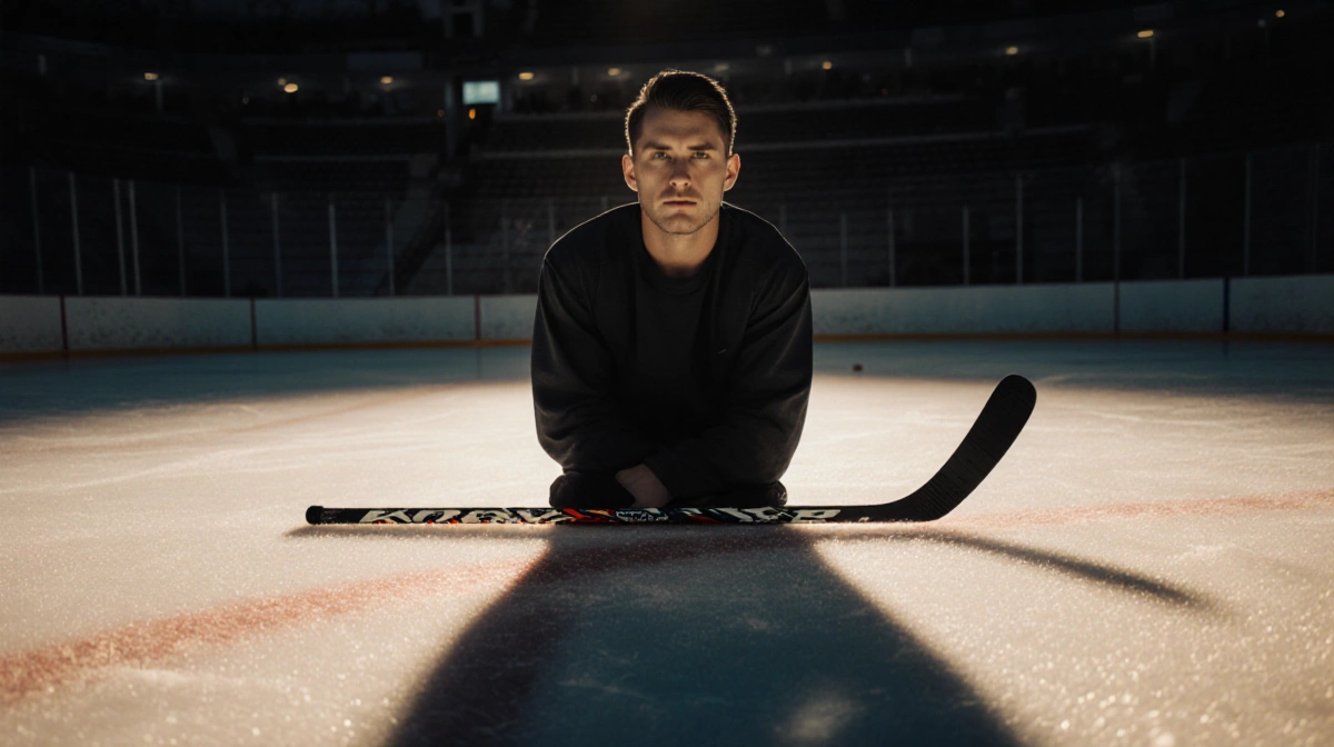 Jesse Kortuem sits on hockey ice with stick across his legs showing determination and self-acceptance
