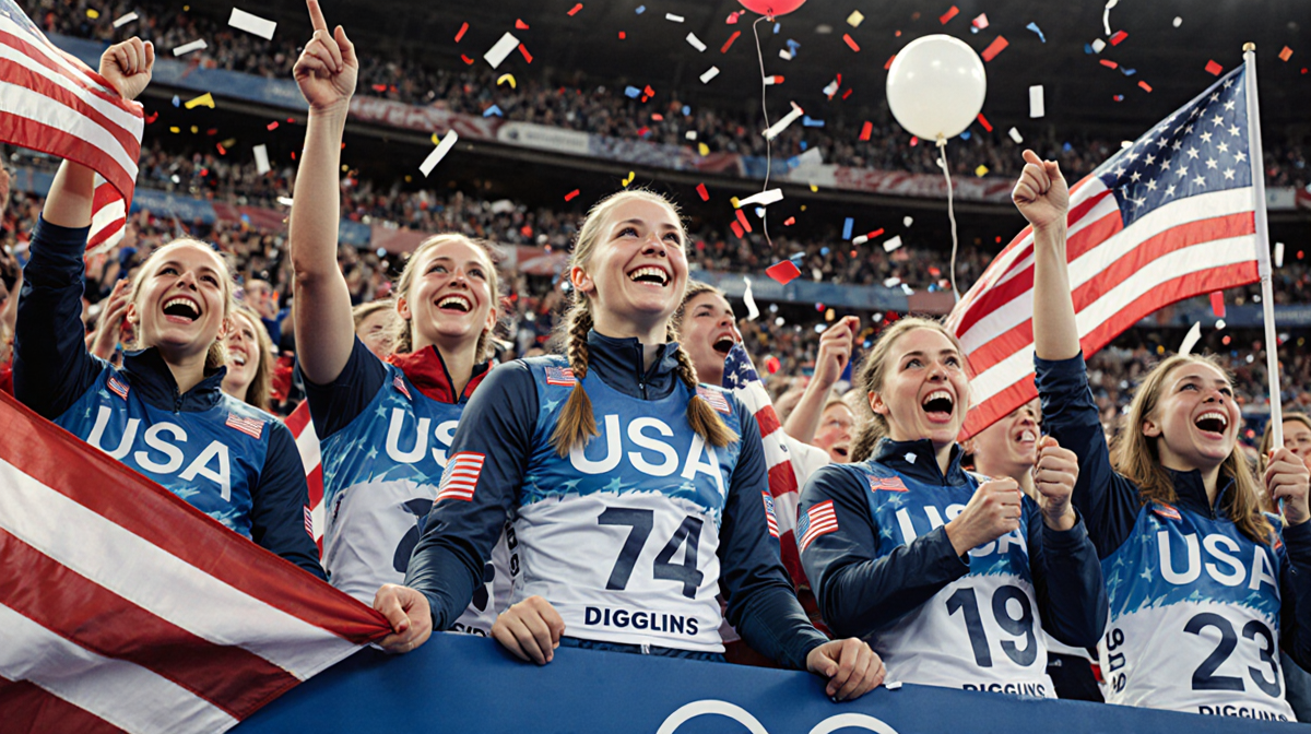 Jessie Diggins smiles while teammates cheer with flags and confetti in a packed stadium