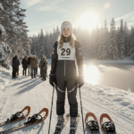 Jessie Diggins standing with ski gear determined against a lake and winter trees while snowshoes and ski poles lie nearby and