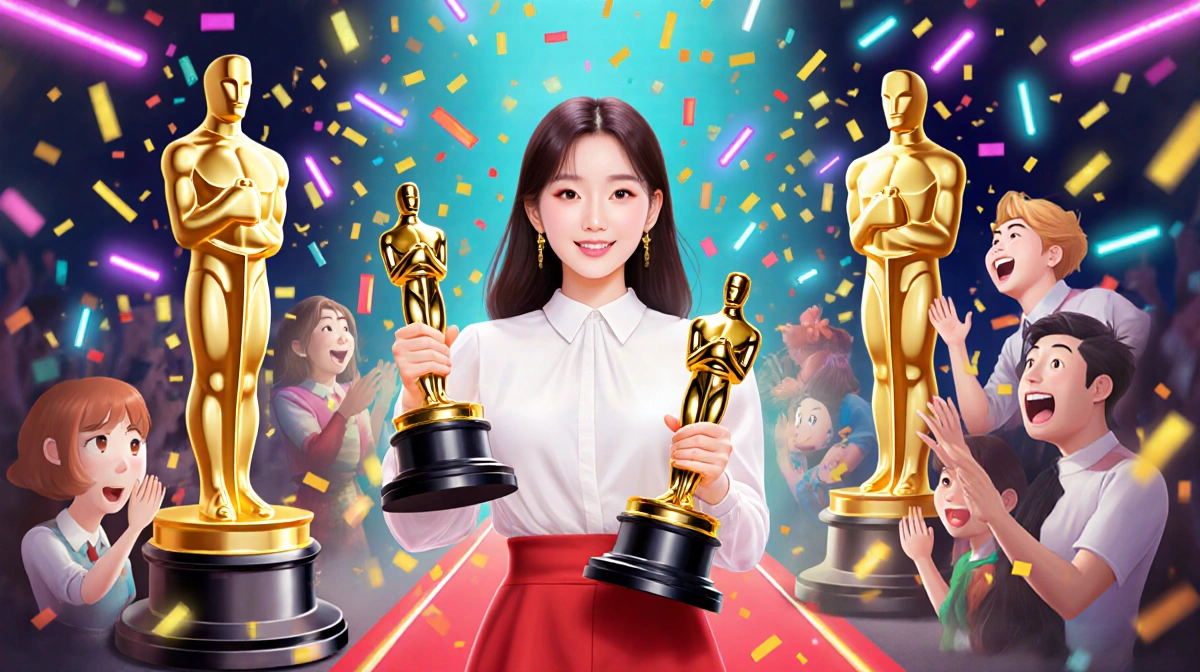 Ji-young Yoo stands on red carpet holding an Oscar statuette with golden trophies and neon confetti exploding around her.