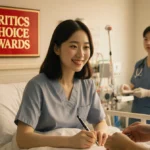 Ji-young Yoo signs an autograph at a hospital bedside with a red Critics Choice Awards plaque in the background and smile.