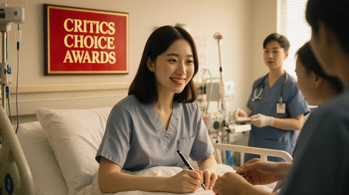 Ji-young Yoo signs an autograph at a hospital bedside with a red Critics Choice Awards plaque in the background and smile.