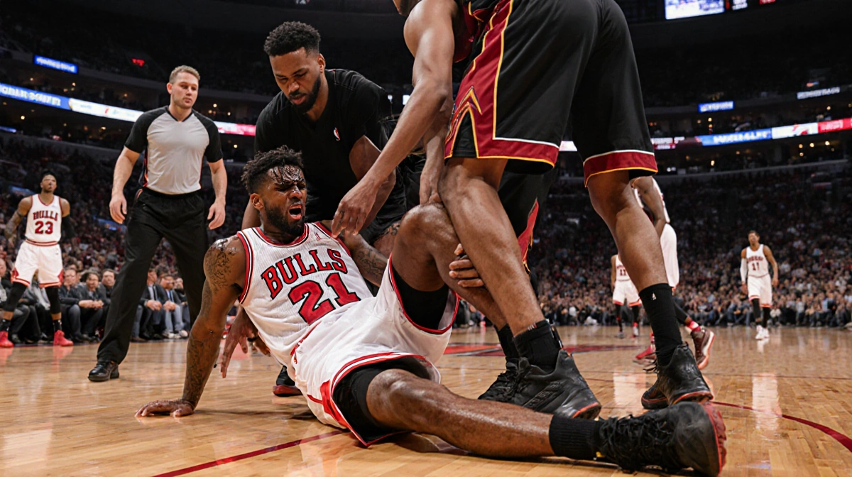 Jimmy Butler lies on the court clutching his knee injury with teammates helping him up and Heat bench watching in shock