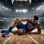 Jimmy Butler clutching his injured knee on the basketball court with spotlight showing his pain
