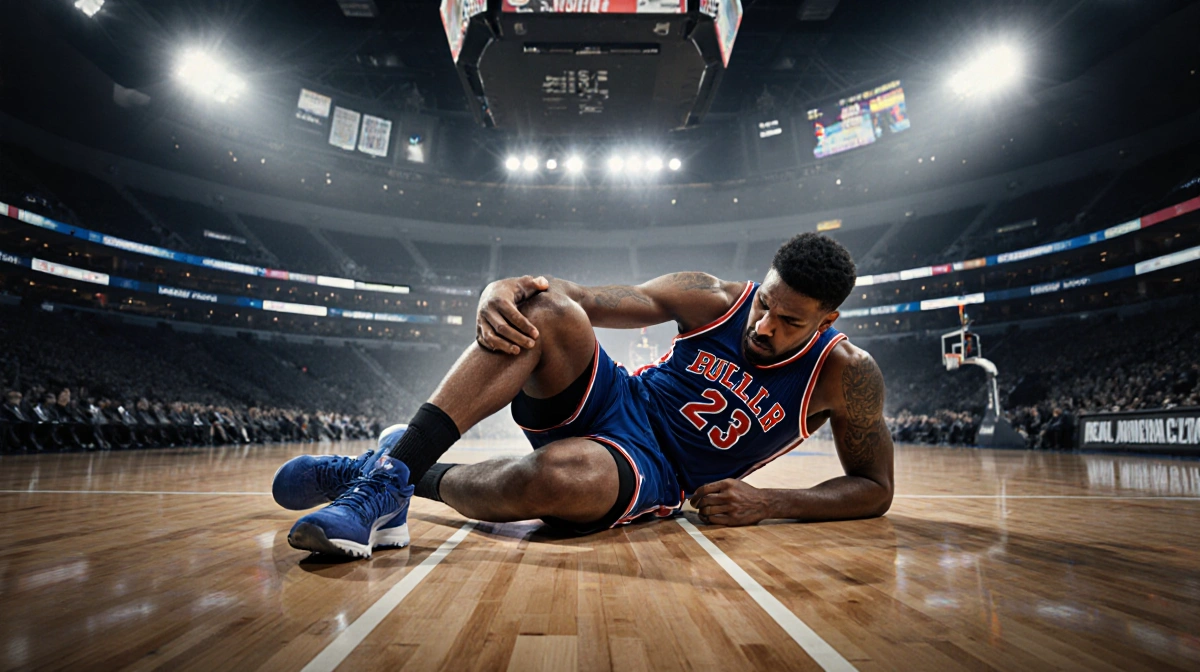 Jimmy Butler clutching his injured knee on the basketball court with spotlight showing his pain