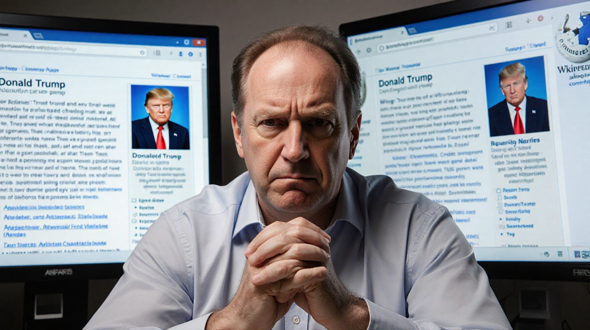 Jimmy Wales sits at desk with stern expression while Wikipedia screens show Trump