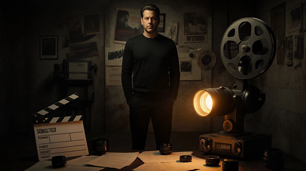 J.J. Abrams stands confidently with vintage film projector glowing golden light and movie scripts scattered at his feet