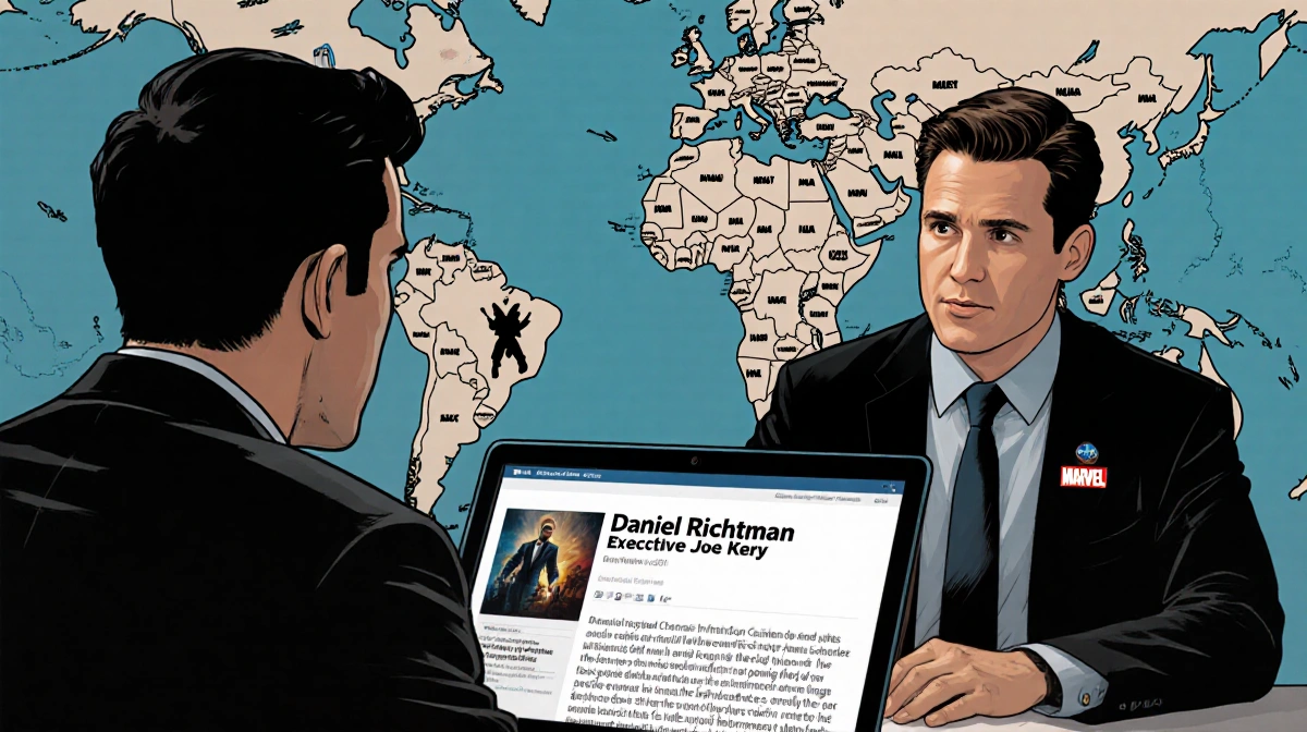 Joe Keery listening intently to Daniel Richtman presenting MCU information with Marvel universe map and character silhouettes