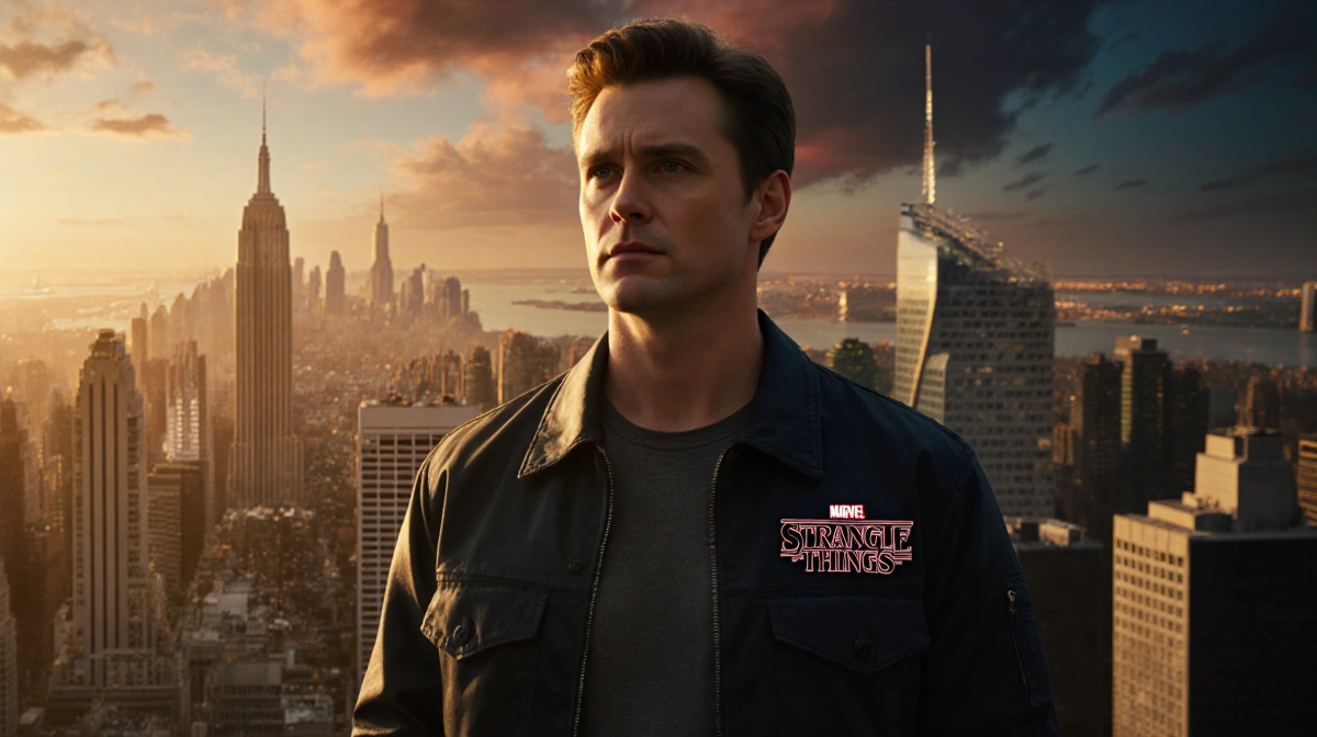 Joe Keery stands heroically with MCU logo on jacket and golden New York skyline behind him