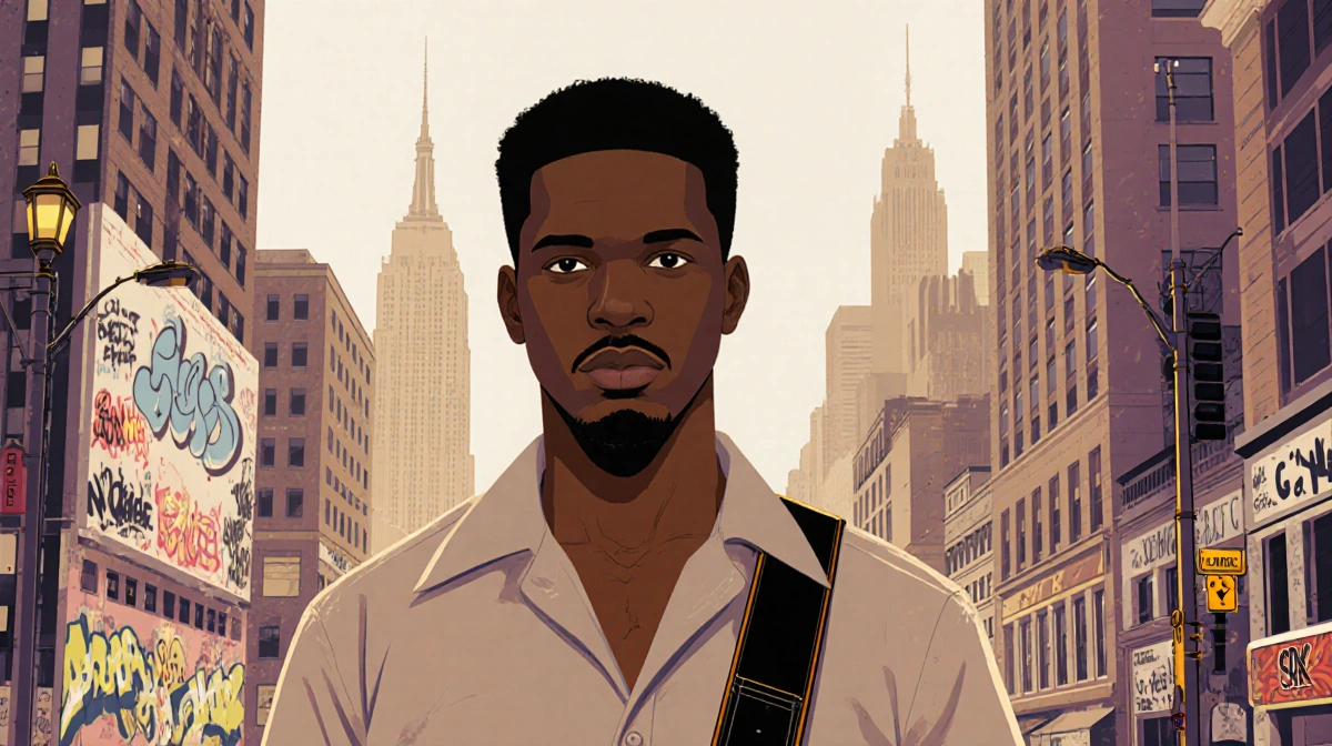 John Forté stands with guitar in front of NYC skyline with graffiti walls and Times Square lights showing 90s hip-hop scene