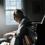 John Forté playing worn piano with dim light on his face and scattered music sheets nearby