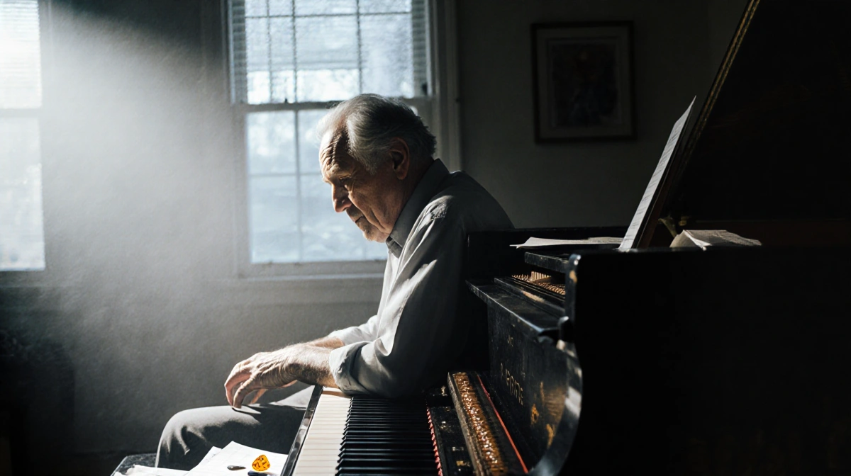 John Forté playing worn piano with dim light on his face and scattered music sheets nearby