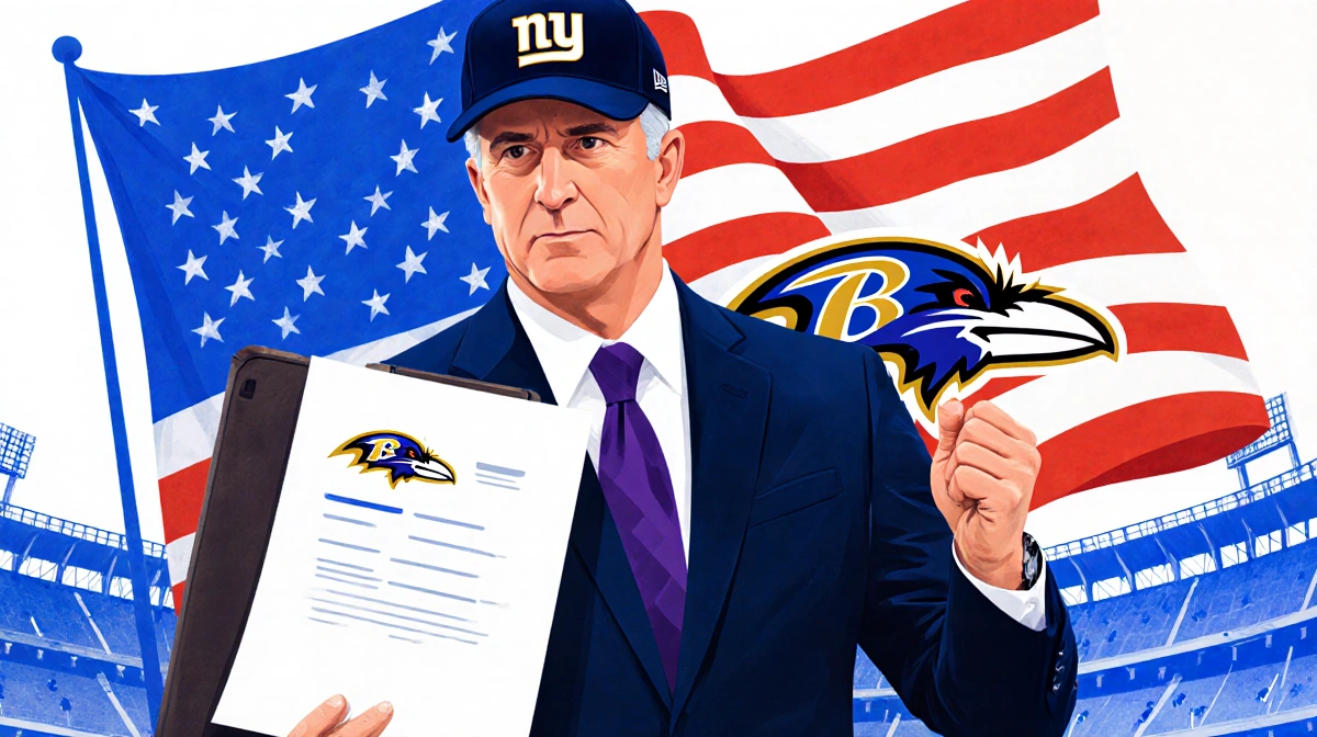 John Harbaugh walking away from Ravens gear with Giants cap and briefcase showing NFL coaching change