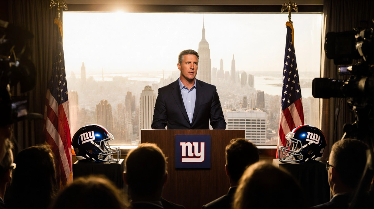 John Harbaugh stands at podium with Giants helmets and Manhattan skyline behind him