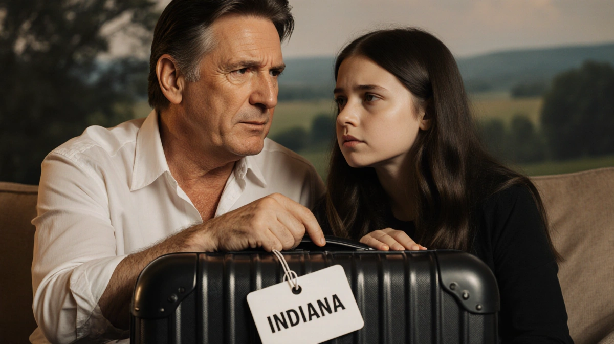 John Mellencamp sitting beside daughter with suitcase tagged Indiana showing concern while she looks uncomfortable