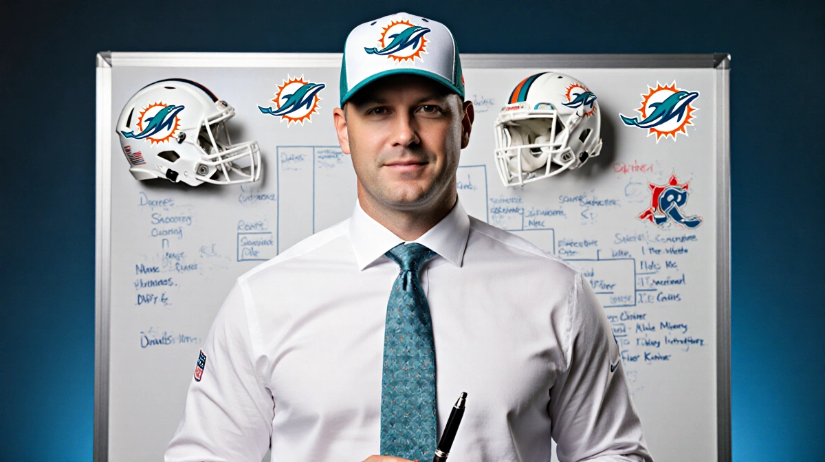 Jon-Eric Sullivan stands confidently at whiteboard with Dolphins cap and notes showing NFL team logos