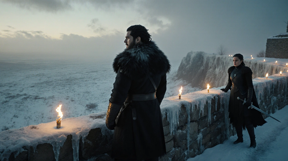 Jon Snow stands atop the frozen wall with Arya approaching in the distance and golden torchlight flickering across the ice