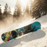 Jones Hovercraft 2.0 snowboard rests on snowy slope with golden light and fir trees