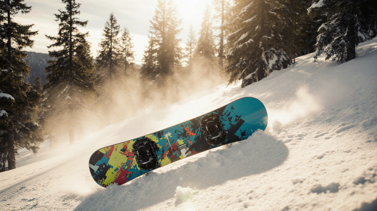 Jones Hovercraft 2.0 snowboard rests on snowy slope with golden light and fir trees