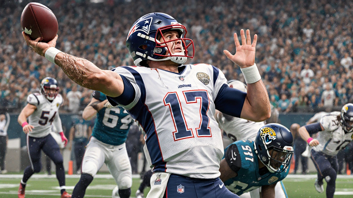 Josh Allen throwing powerful pass with sweat on his face and Jaguars players in background