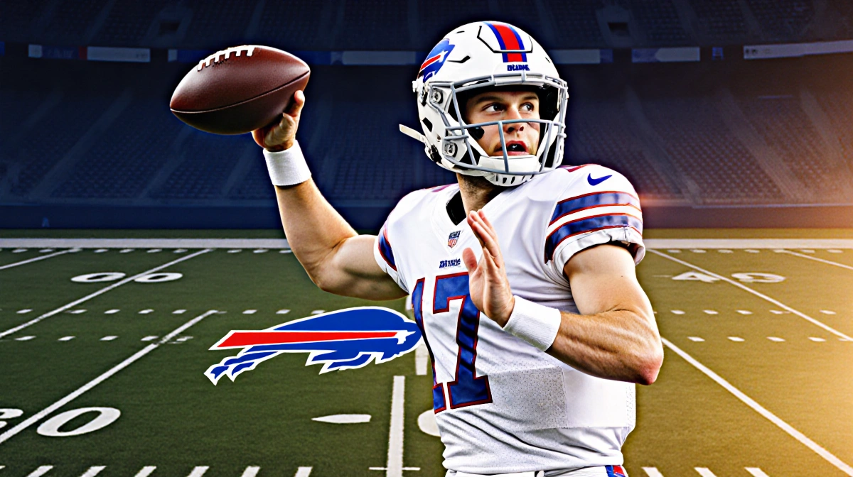 Josh Allen throwing football downfield with Bills logo visible on end zone and ball in mid-air