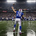 Josh Allen throwing winning touchdown pass with wet grass reflecting stadium lights and fans rushing field