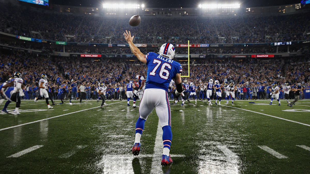 Josh Allen throwing winning touchdown pass with wet grass reflecting stadium lights and fans rushing field