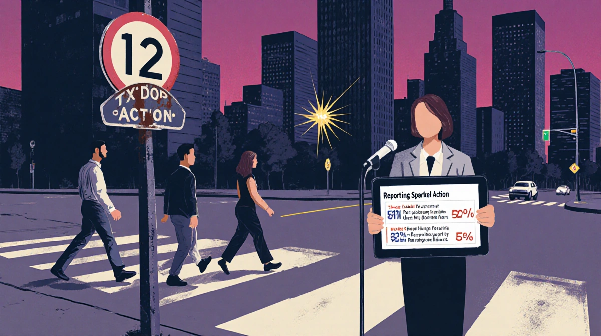 Journalist reporting at microphone with tablet showing TxDOT safety data and Dallas Loop 12 sign behind