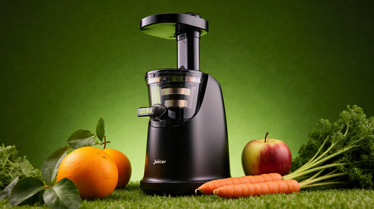 Juicer arranging fresh orange apple carrot on green background with warm healthy light