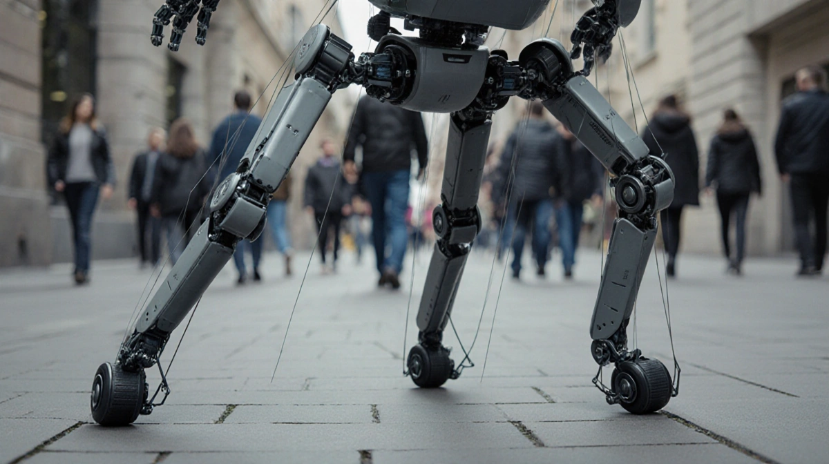 Bipedal robot falling with legs splayed and wheels pointing down while people walk away in background