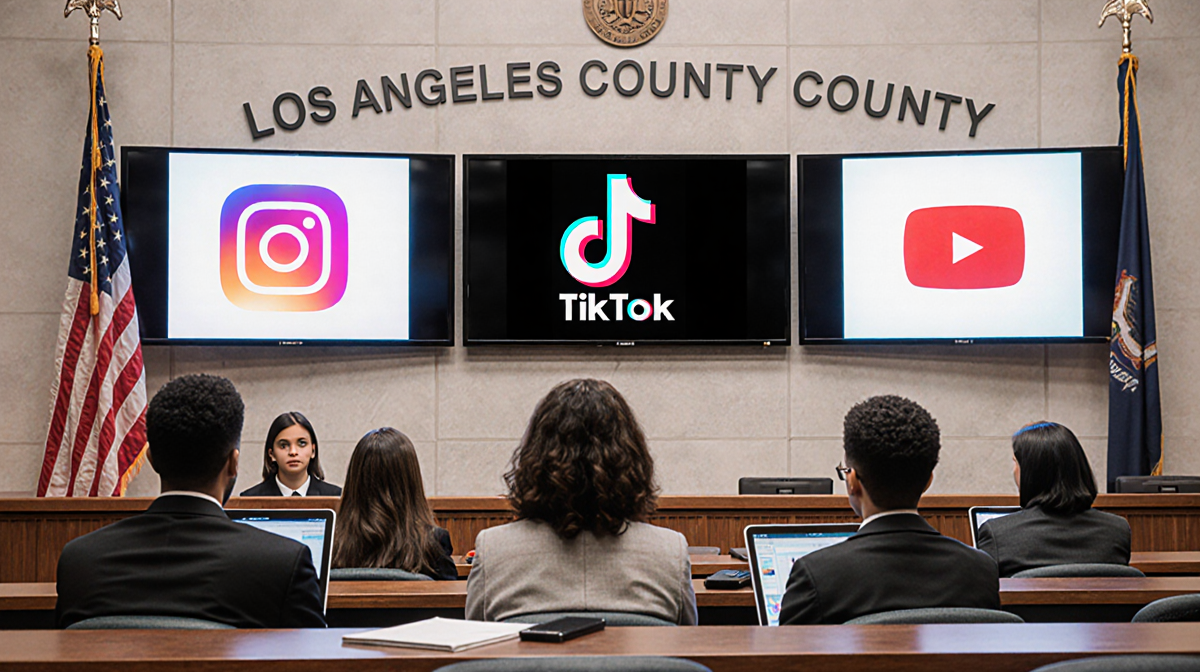 Jurors in courtroom selecting witnesses with Instagram TikTok and YouTube logos glowing on tablets beside them