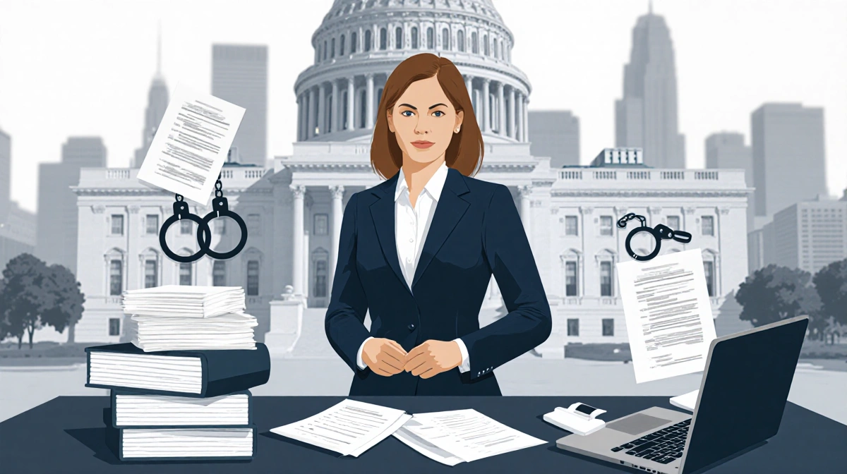 Aimee Bock investigating social services fraud with papers and laptops handcuffs near a federal building and Minneapolis skyl