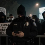 Protesters gather around police officer behind barricade with Justice for Renee Good signs and video screen showing shooting