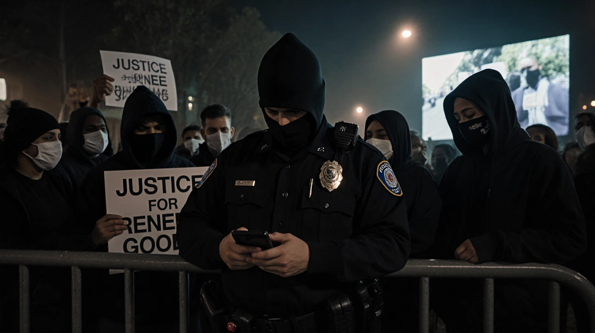 Protesters gather around police officer behind barricade with Justice for Renee Good signs and video screen showing shooting