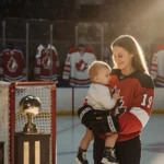 Olympic bobsledder Kaillie Humphries holds her baby at the rink with hockey gear and medals visible behind them