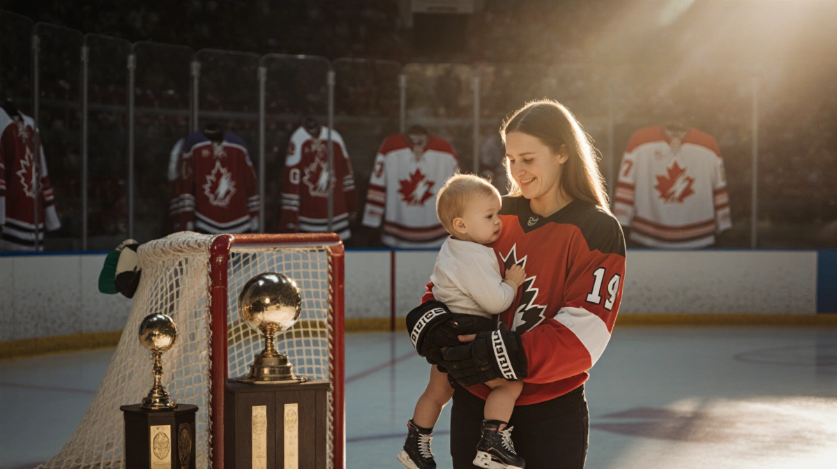 Olympic bobsledder Kaillie Humphries holds her baby at the rink with hockey gear and medals visible behind them