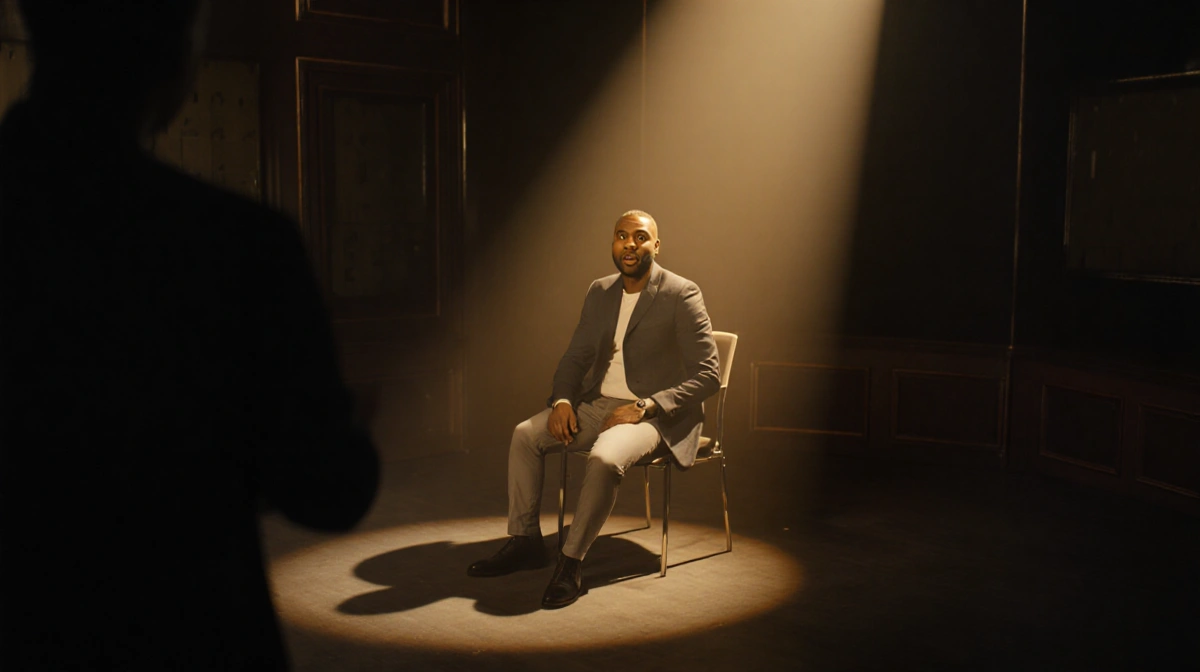 Karamo Brown shows surprise and disappointment under a spotlight with an empty chair beside him in a dim television studio.