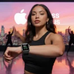 Karol G dancing energetically with Apple Watch showing metrics against a sunset cityscape