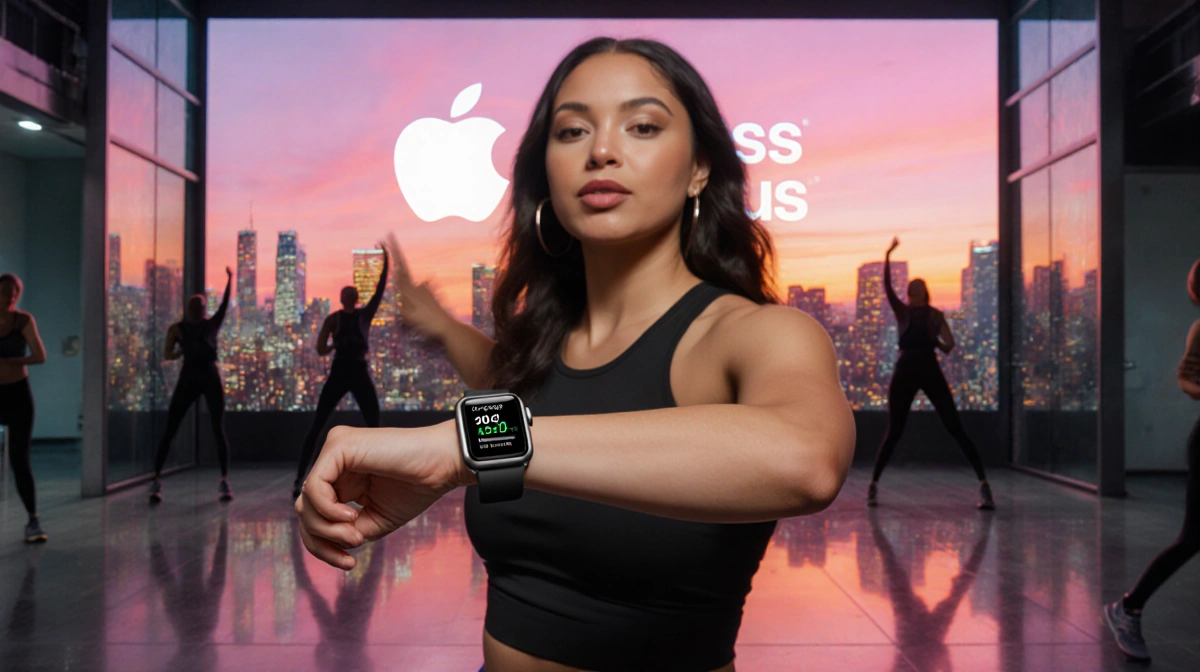 Karol G dancing energetically with Apple Watch showing metrics against a sunset cityscape