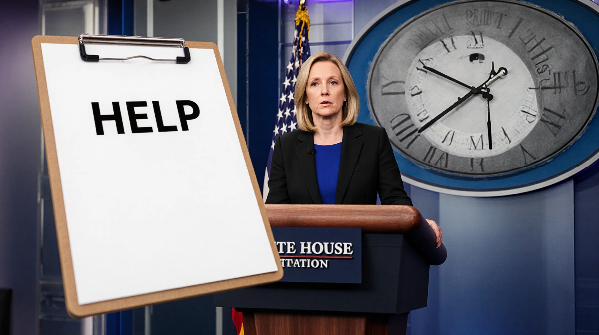 Karoline Leavitt speaking at podium with American flag behind her and HELP sign on desk showing diplomatic urgency