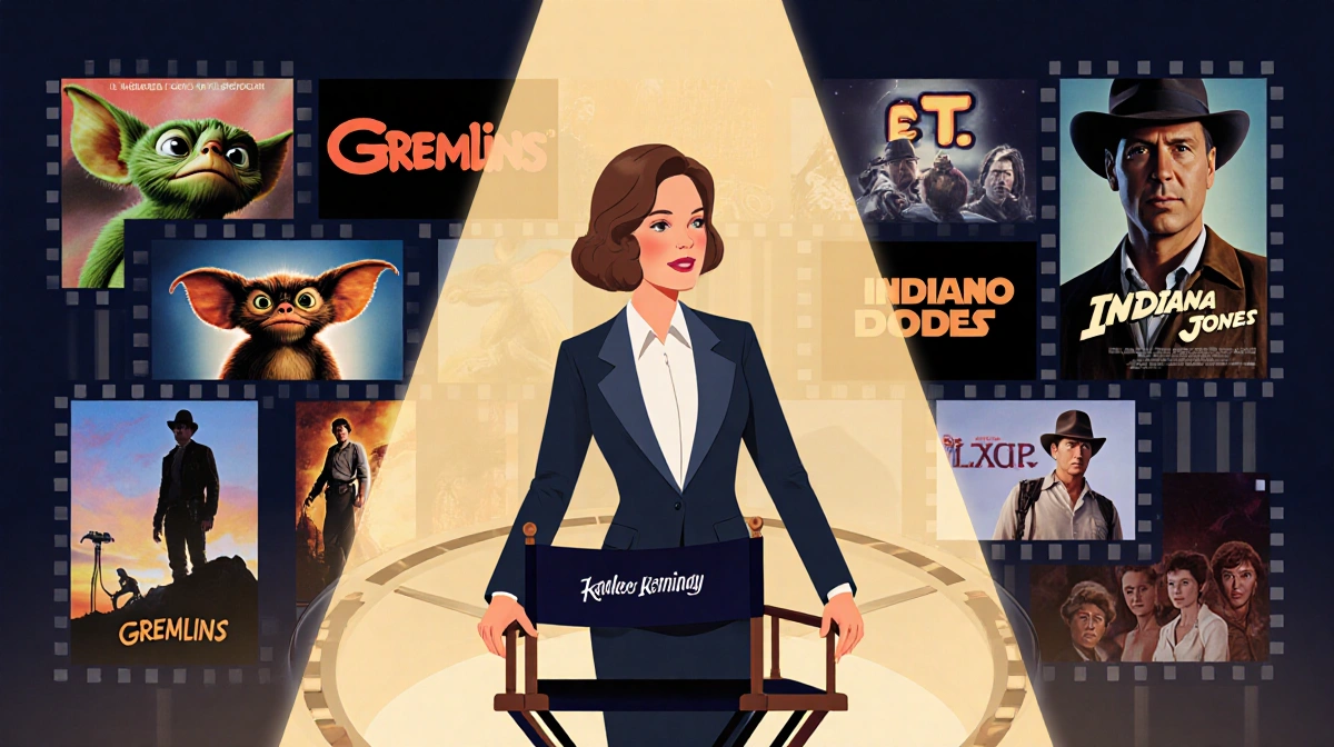 Kathleen Kennedy stands with director's chair in front of film reel with classic movie posters showing her legendary producin