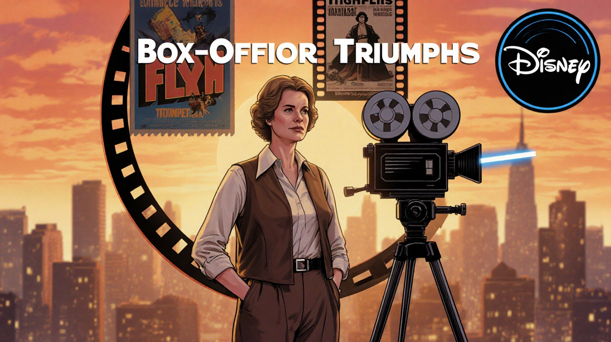 Kathleen Kennedy stands with film reel and movie camera showing Disney logo and lightsabers at sunset