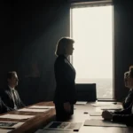 Kathleen Kennedy stands at conference table with Star Wars scripts and concept art scattered across the surface