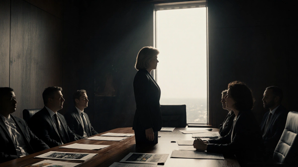 Kathleen Kennedy stands at conference table with Star Wars scripts and concept art scattered across the surface